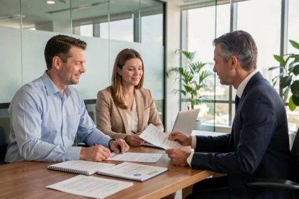 Couple consultant un conseiller financier pour comprendre les avantages d'une assurance garantie hypothécaire dans une agence bancaire moderne