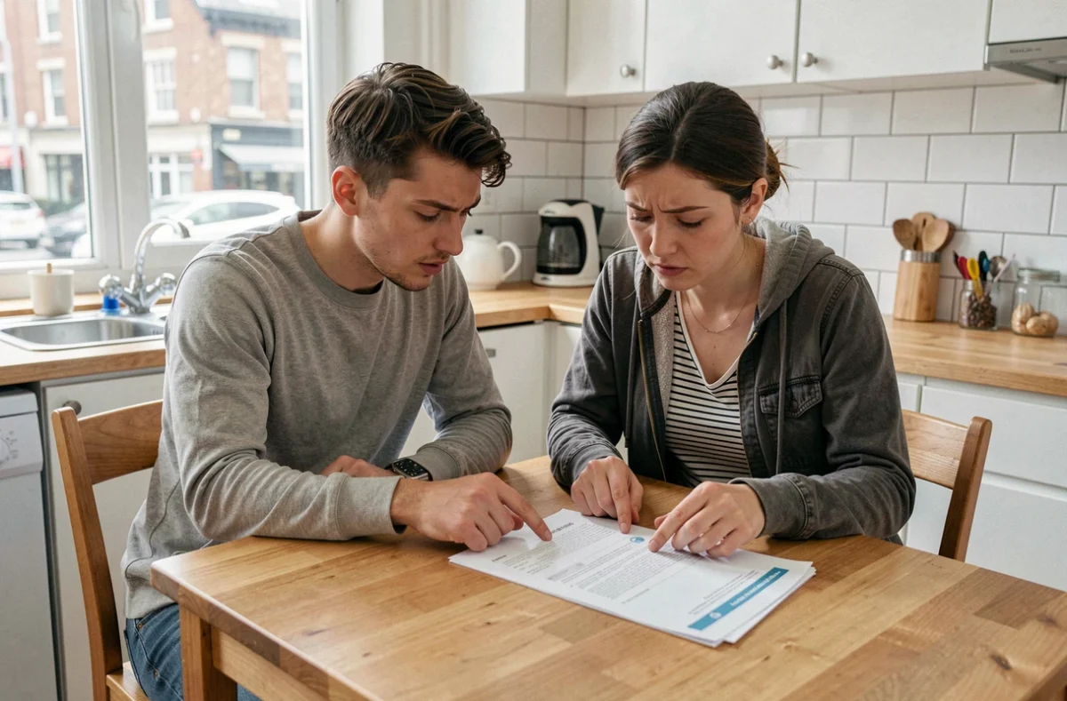 Couple examinant ensemble les documents de demande d'aide au logement Action Logement dans leur appartement