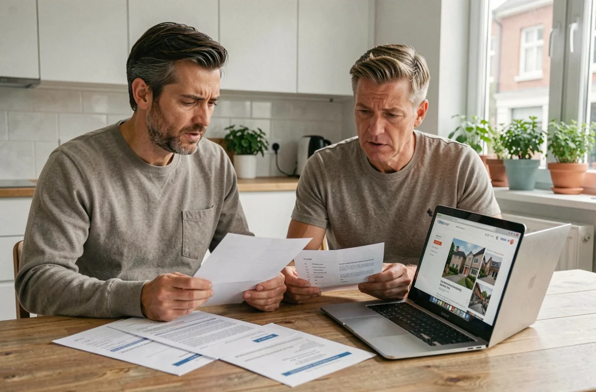 Couple étudiant des rapports d'évaluation immobilière à la maison pour estimer la valeur de leur appartement