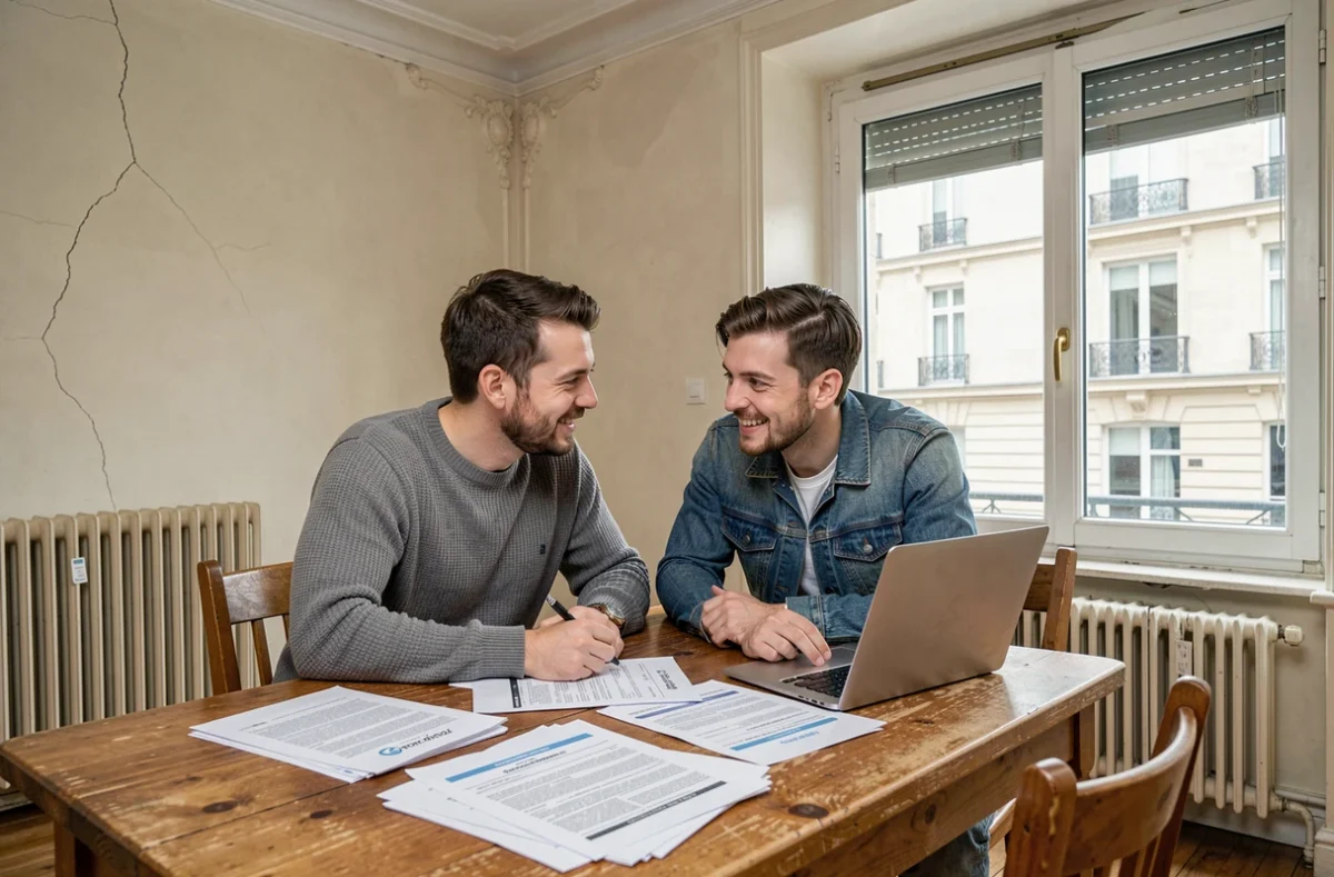 Couple de propriétaires étudiant les documents de leur investissement locatif éligible à la loi Denormandie