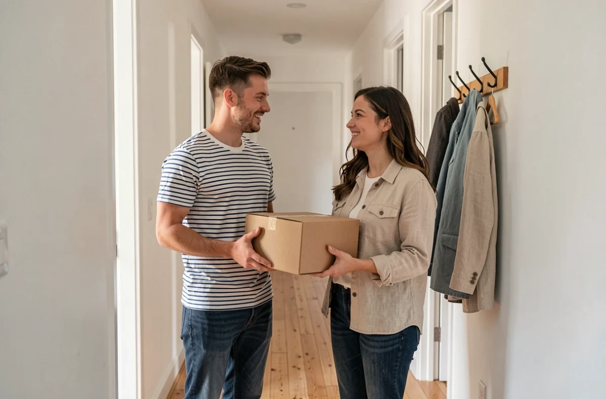 Un jeune couple de locataires souriants dans le couloir propre et bien entretenu de leur appartement, illustrant le respect du logement et les qualités d'un bon locataire.