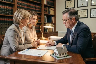 Couple consultant un notaire pour comprendre l'usufruit en indivision sur un bien immobilier
