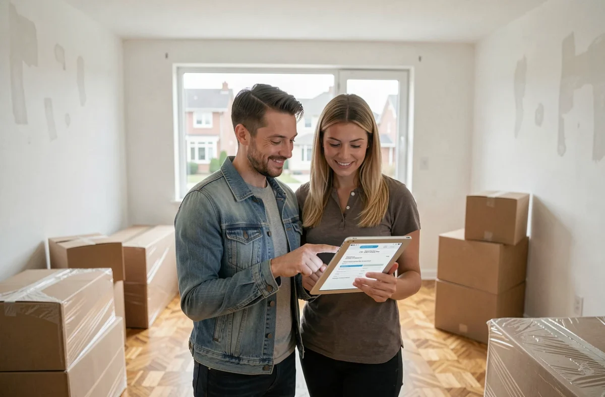 Couple consultant un formulaire EDF en ligne sur tablette dans un appartement vide lors d'un déménagement