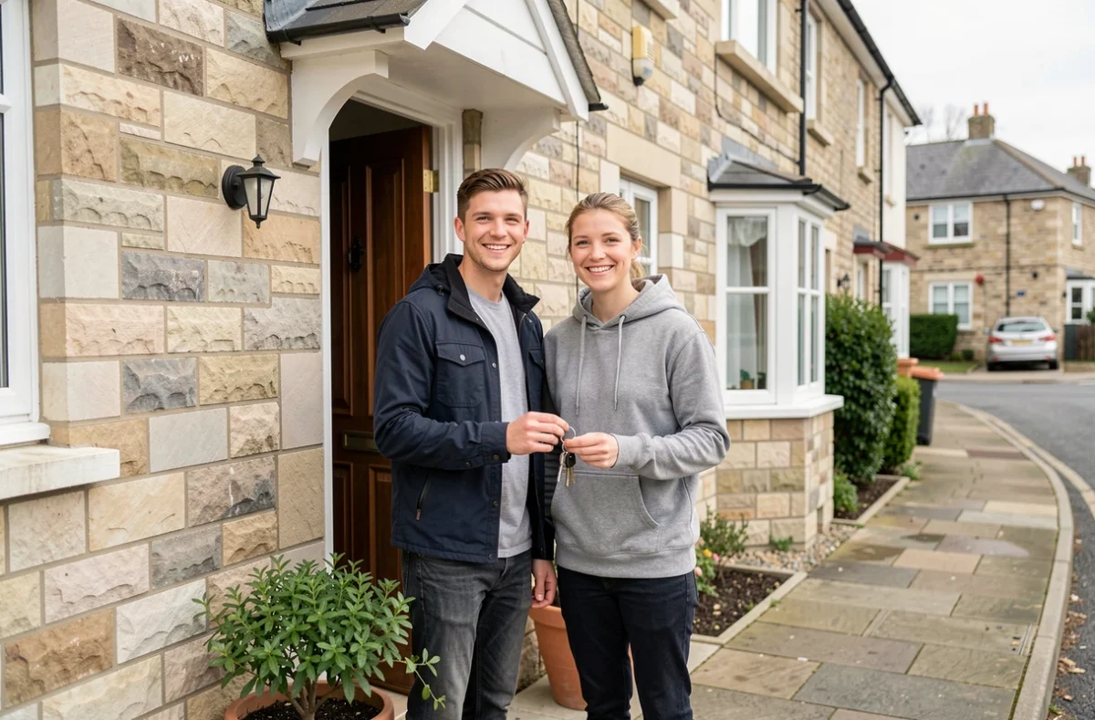 Couple de jeunes propriétaires devant leur nouvelle maison en rangée avec clés en main