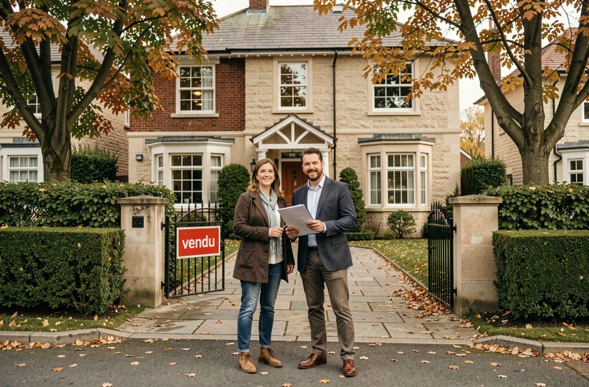 Couple devant leur maison vendue illustrant la plus-value réalisée après dix ans de propriété immobilière