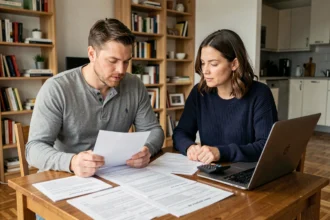 Couple en train de réviser les documents de leur prêt immobilier modulable à la maison