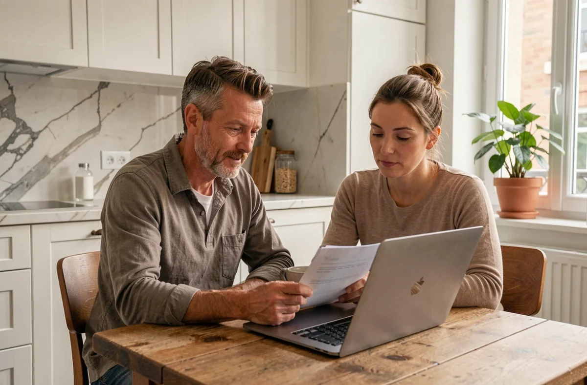 Couple examinant des offres de prêt immobilier sur un ordinateur portable dans leur cuisine en 2026