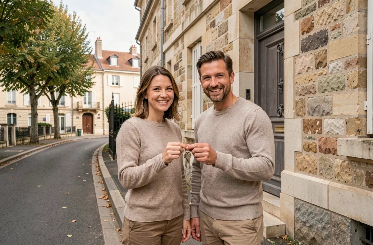 Couple de propriétaires tenant les clés de leur maison devant un immeuble en pierre dans une ville française, symbolisant l'accession à la propriété