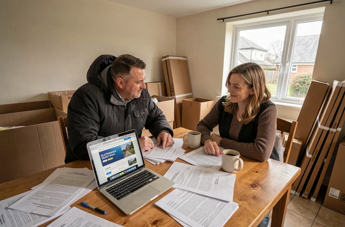 Couple recherchant un fournisseur d'électricité en ligne lors d'un déménagement
