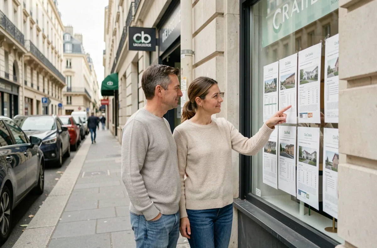 Couple cherchant un logement devant une agence immobilière en ville
