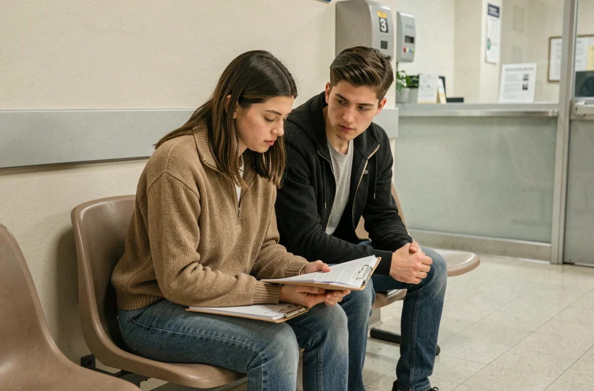Couple sans revenu fixe attendant dans une salle d'attente d'un office de logement social