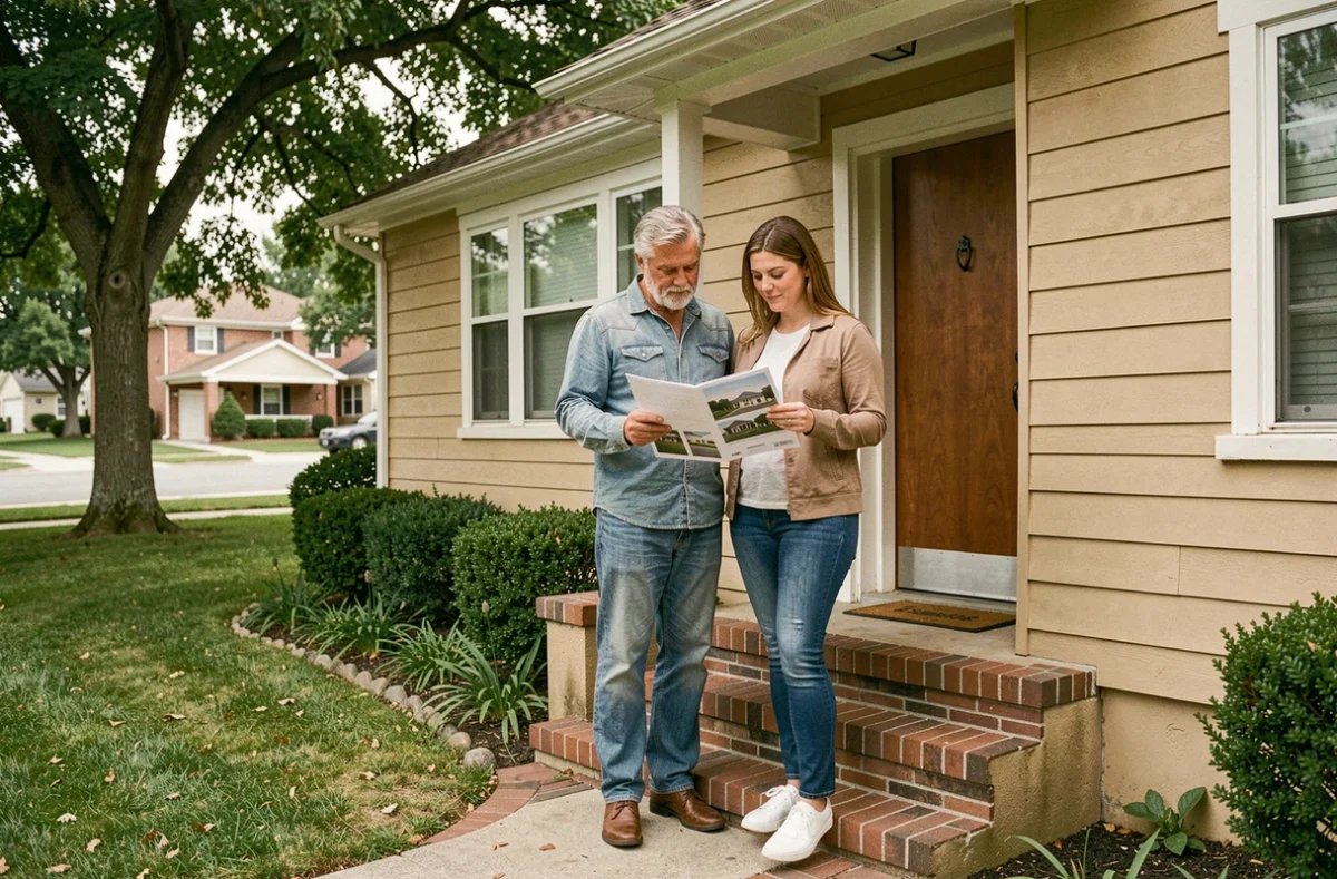 Couple évaluant et comparant des fiches de biens immobiliers devant une maison lors d'un tri de propriétés