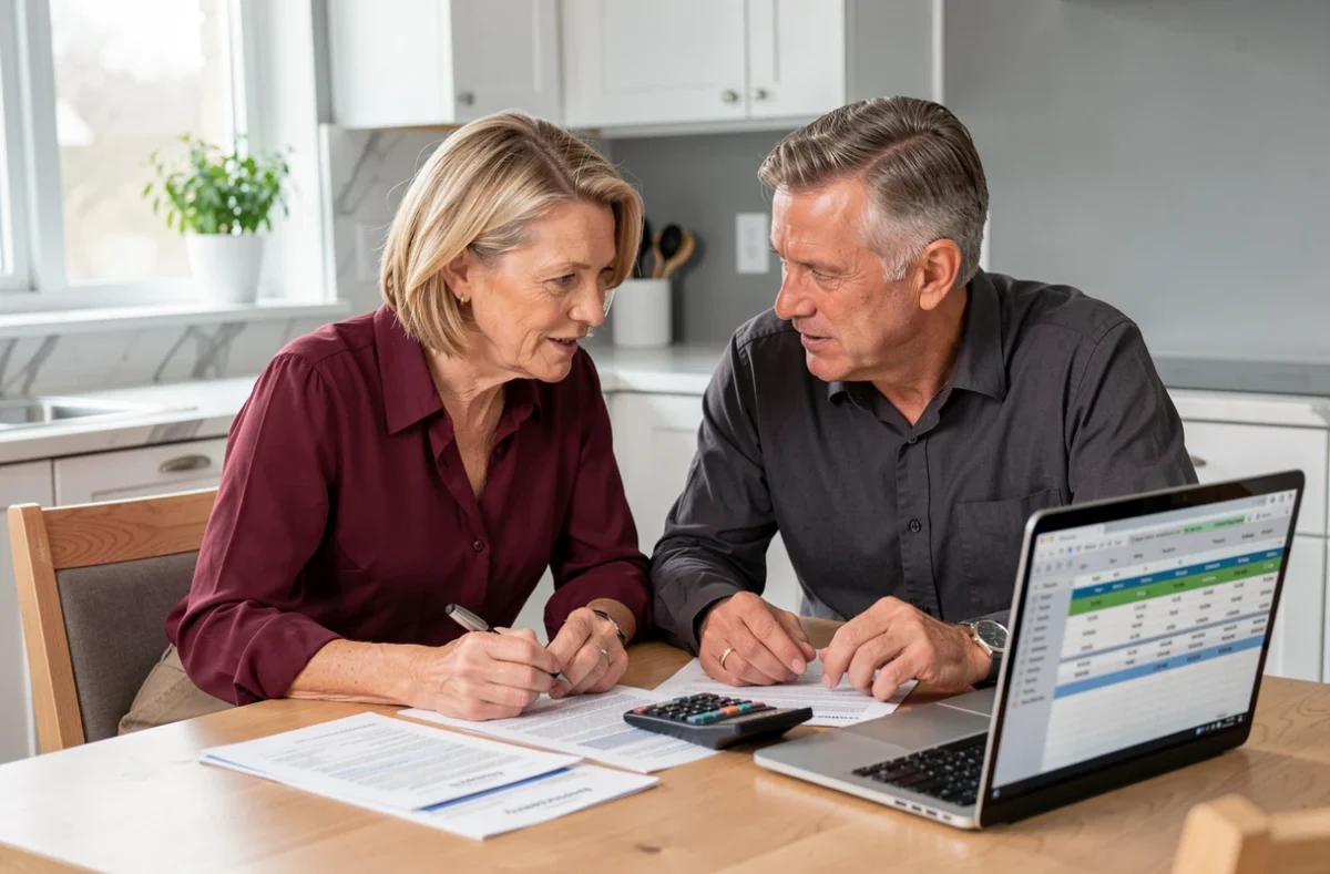 Couple de seniors étudiant des formulaires fiscaux pour planifier la vente immobilière sans plus-value