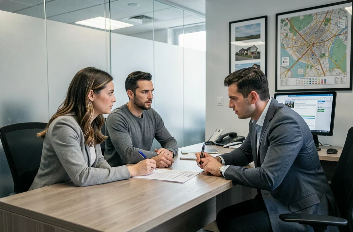 Couple signant un contrat de location avec un agent immobilier dans une agence professionnelle