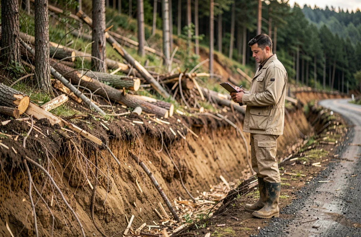 Ingénieur sur un talus déboisé lors de travaux routiers montrant l'érosion des sols et la déforestation