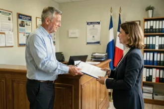 Un homme dépose une demande administrative en mairie pour l'installation de panneaux solaires photovoltaïques