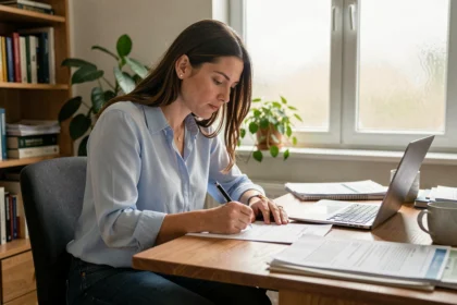 Femme remplissant un formulaire de demande d'aide Action Logement à son bureau à domicile
