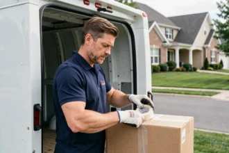 Déménageur professionnel emballant des cartons dans un camion de déménagement devant une maison résidentielle, signe de fiabilité d'une société de déménagement