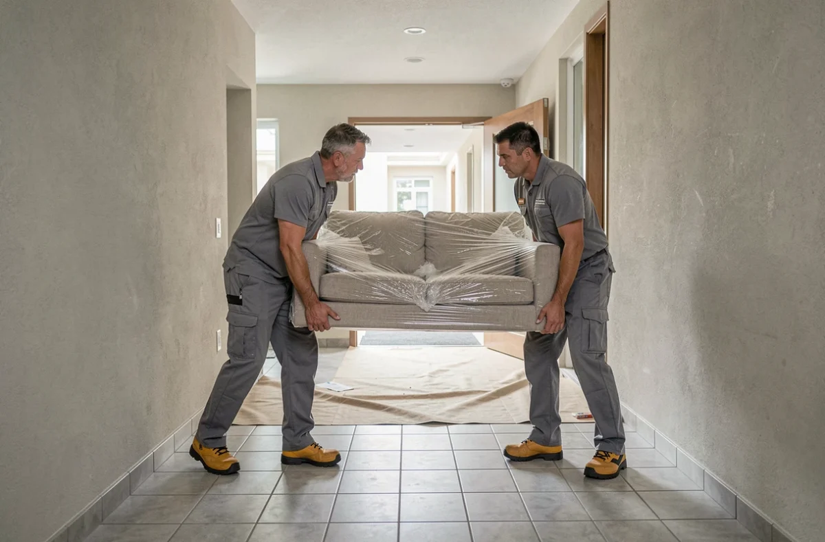 Deux déménageurs en uniforme transportant un canapé emballé dans le couloir d'un immeuble, démontrant le sérieux et le professionnalisme d'une entreprise de déménagement fiable
