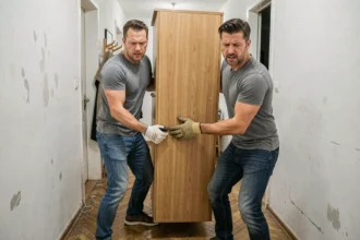 Deux hommes déplaçant une grande armoire en bois dans un couloir d'appartement pour s'en débarrasser