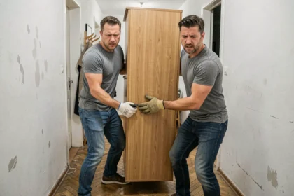 Deux hommes déplaçant une grande armoire en bois dans un couloir d'appartement pour s'en débarrasser
