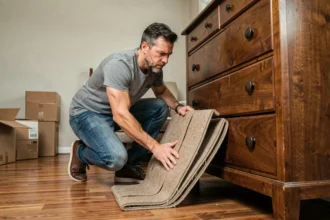 Homme glissant une couverture de déménagement sous un meuble lourd pour le déplacer sans diable