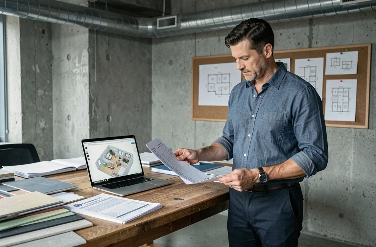 Designer d'intérieur examinant des devis et plans d'aménagement pour un loft dans un bureau au style industriel