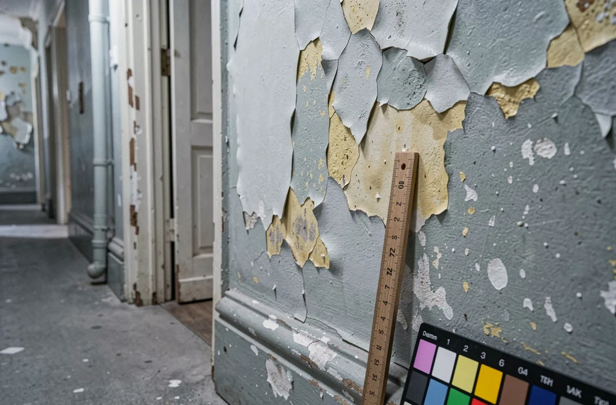 Détail de peinture vieillissante craquelée et écaillée sur un mur ancien avec règle de mesure et nuancier