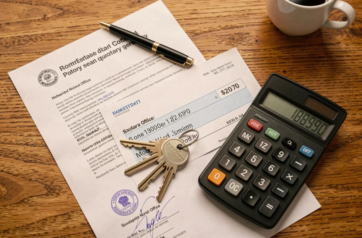 Flat lay d'un dossier immobilier avec acte notarié, chèque bancaire et clés, illustrant le paiement des frais de notaire