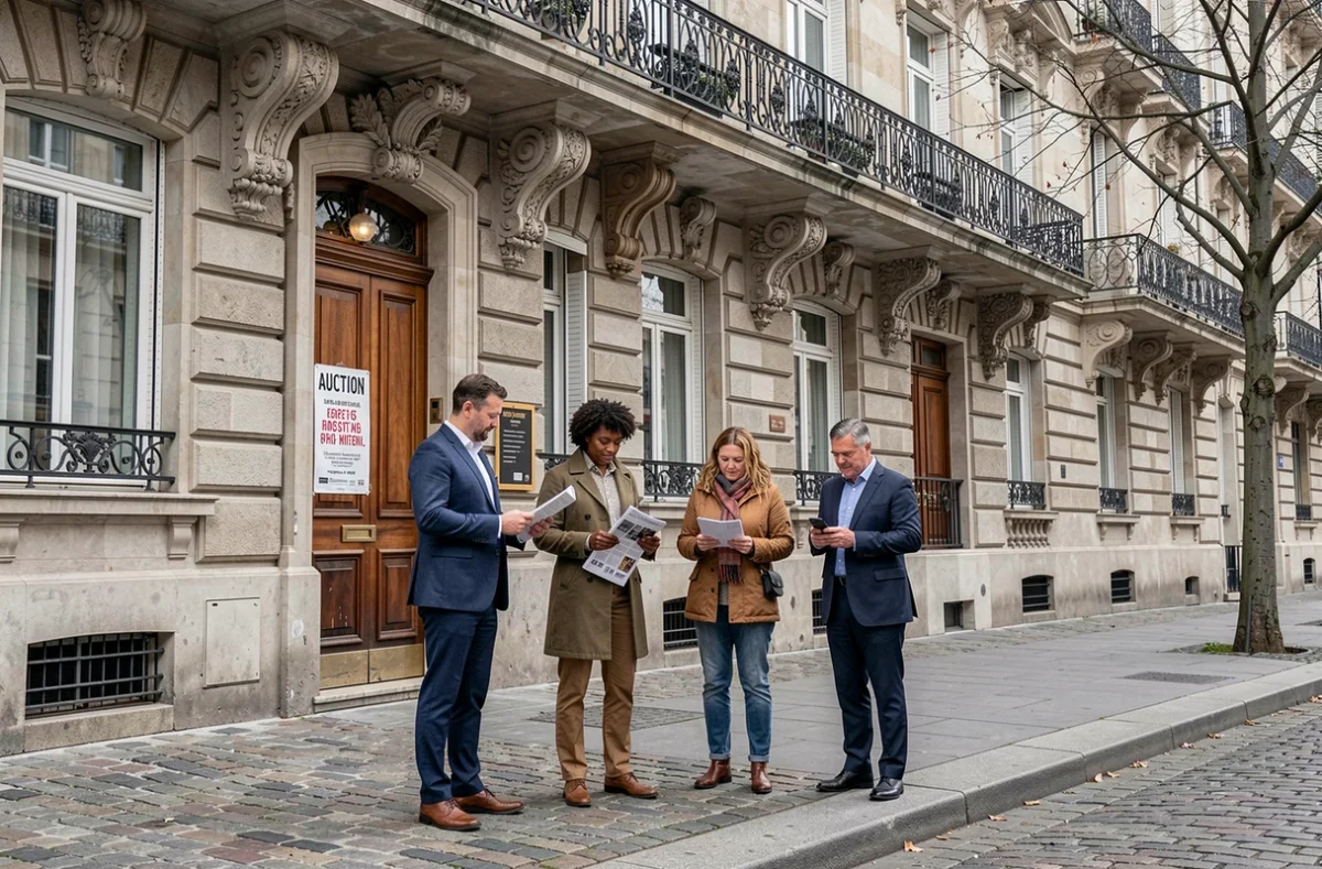 Groupe d'enchérisseurs devant un immeuble haussmannien lors d'une vente aux enchères immobilières à Paris