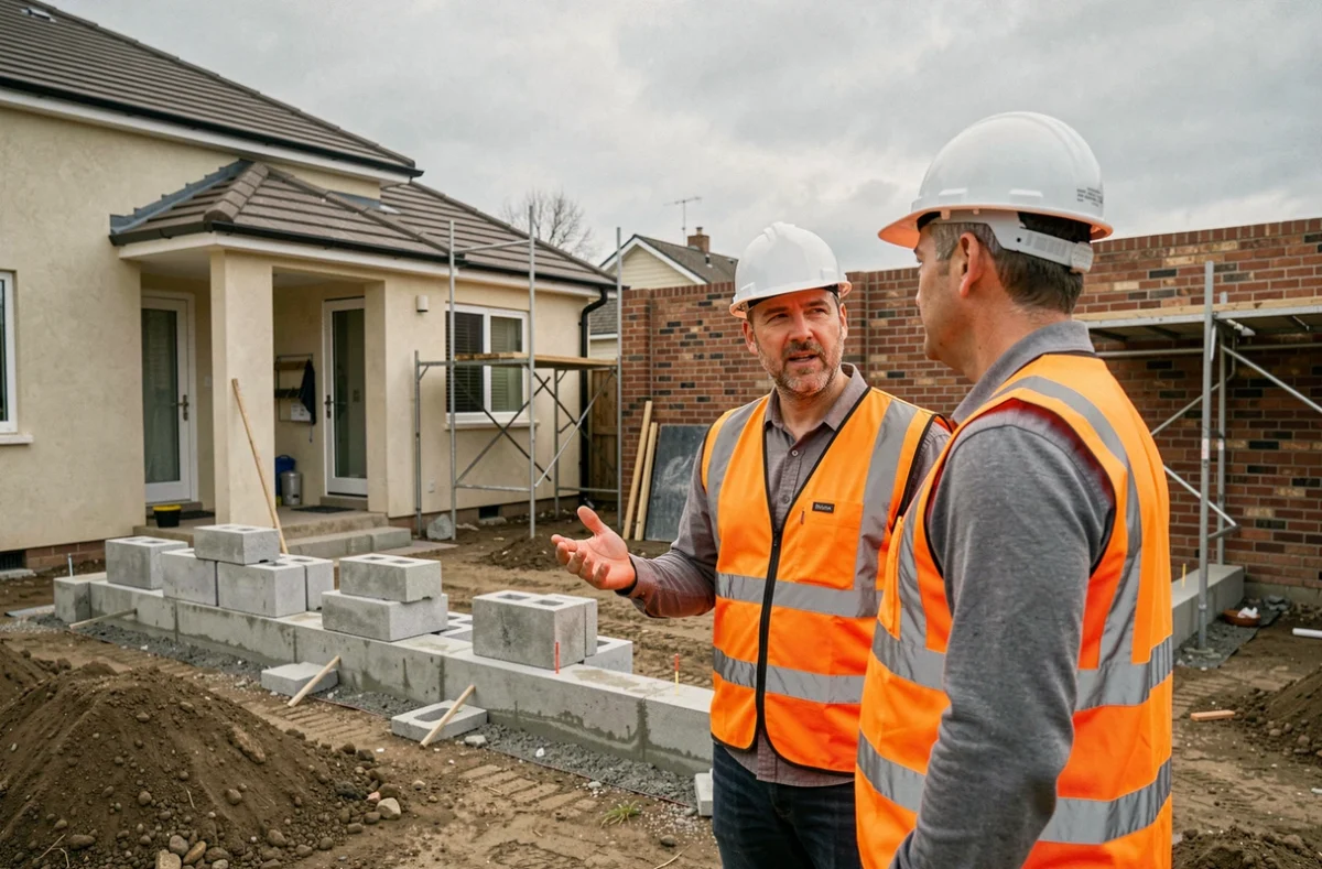 Entrepreneur en bâtiment sur un chantier d'extension résidentielle en discussion avec un propriétaire