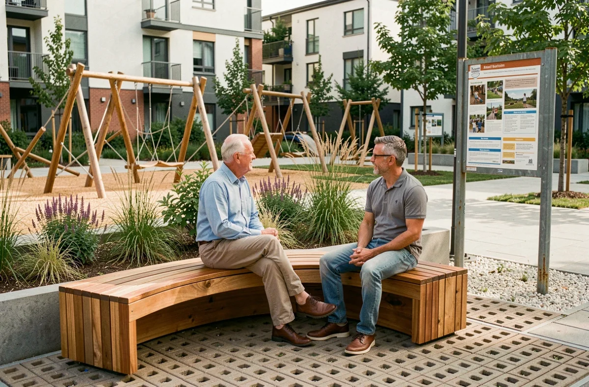 Espace de repos en écoquartier avec bancs en bois, noue végétalisée et revêtement perméable favorisant la biodiversité urbaine