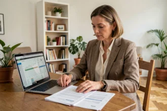 Femme consultant des documents d'estimation immobilière sur une table en bois dans une maison moderne pour connaître la valeur marchande de son bien