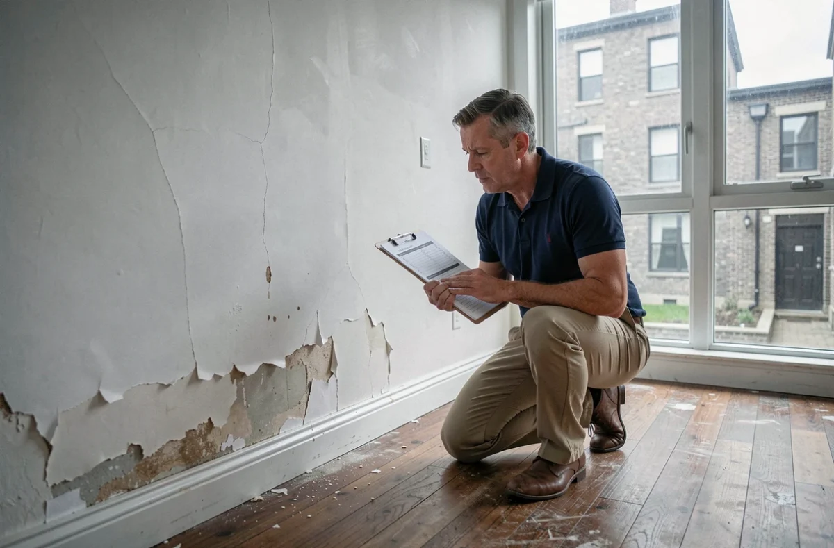 Propriétaire inspectant des dégradations locatives lors de l'état des lieux de sortie d'un appartement