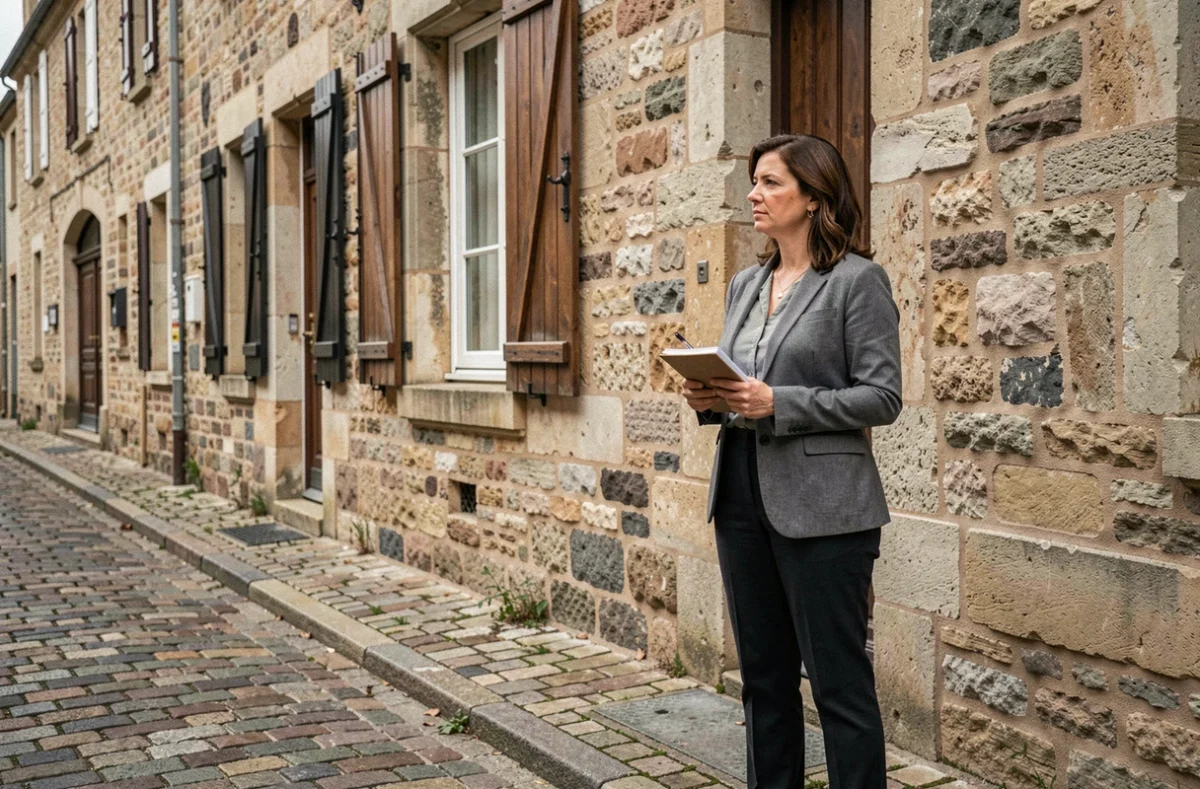 Femme évaluant un immeuble locatif dans le cadre de la fiscalité micro-foncière