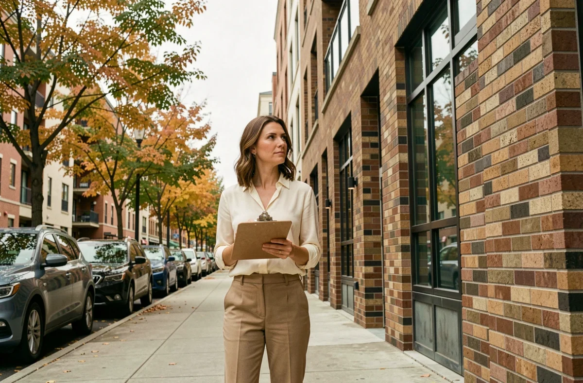 Femme évaluant la valeur d'un appartement après 5 ans de possession pour estimer la plus-value immobilière