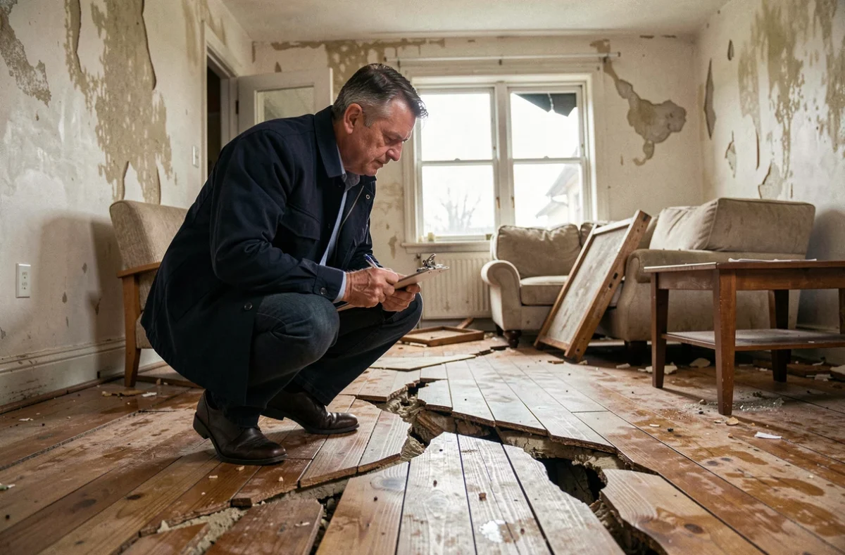 Expert en assurance inspectant les dégâts intérieurs d'une maison sinistrée suite à une inondation