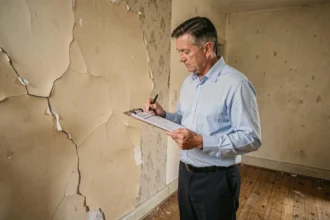 Expert en bâtiment évaluant la vétusté d'une peinture intérieure dégradée dans une pièce ancienne