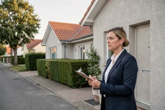 Experte immobilière évaluant la valeur d'une maison individuelle depuis l'extérieur, avec clipboard en main