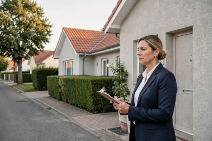 Experte immobilière évaluant la valeur d'une maison individuelle depuis l'extérieur, avec clipboard en main