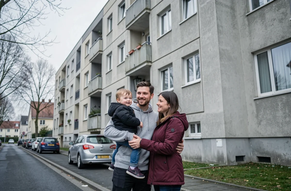 Jeune famille devant un immeuble HLM en France attendant l'attribution d'un logement social