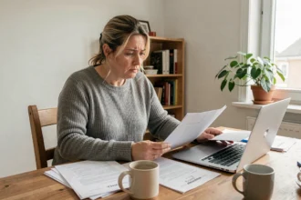 Femme calculant son loyer avec des documents et un ordinateur portable dans un appartement moderne