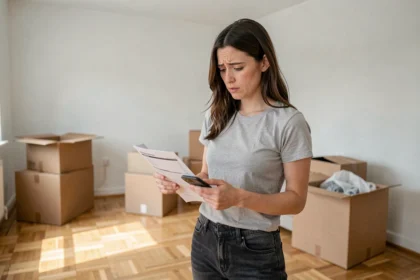 Femme tenant un contrat d'électricité dans un appartement vide lors d'un déménagement
