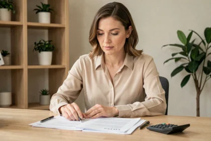 Femme consultant des documents de prêt immobilier à son bureau pour préparer son apport personnel