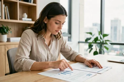 Femme consultant des documents de prêt immobilier pour calculer son apport minimum pour acheter un appartement
