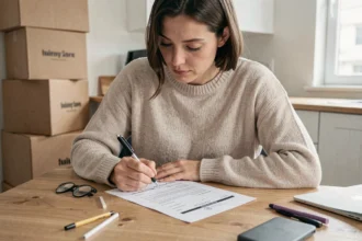Femme remplissant un formulaire de changement d'adresse à une table en bois entourée de cartons de déménagement