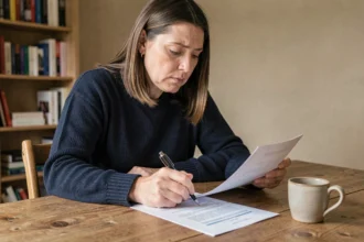 Femme lisant un contrat d'assurance habitation à une table en bois, illustrant la loi Hamon et le droit de résiliation