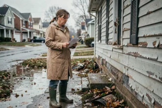 Femme inquiète devant sa maison inondée tenant des documents d'assurance après une catastrophe naturelle