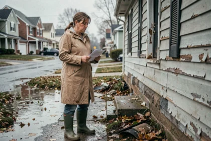 Femme inquiète devant sa maison inondée tenant des documents d'assurance après une catastrophe naturelle