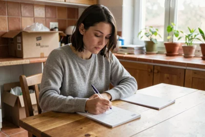 Femme organisant son calendrier de déménagement à une table en bois, entourée de cartons dans sa cuisine